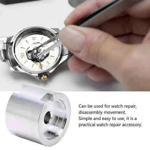 Stainless Steel Watch Movement Holder Tool for 2824 2892 2813 8200 Movements with repair base and secure fixation in use.