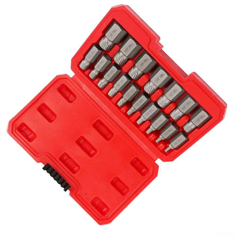Beefy 17 Piece Screw Extractor Set With Hex Head Remover Tools in red storage case, showing metal construction and varied extractors.