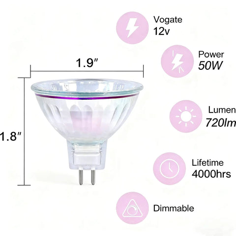MR16 50W 12V Halogen Light Bulb With GU5.3 Base, 720 Lumens, Dimmable Spotlight For Track Lighting specifications display