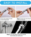 Installation steps for Dual Shower Head Enema System With Aluminum Nozzles, showing how to attach nozzle to shower head.