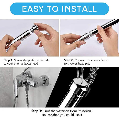 Installation steps for Dual Shower Head Enema System With Aluminum Nozzles, showing how to attach nozzle to shower head.