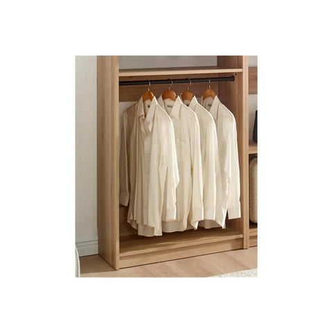 Custom Walk In Closet System With Sturdy Wooden Drawers And Flexible Shelves Modular Wardrobe Organizer featuring hanging rods with white shirts.