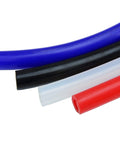 Black 5 Foot High Temperature Silicone Vacuum Tubing Hose 3.5mm ID 60 PSI Max Built Tough For Marine And Industrial Use Meets SAE J20 Standards Premium Silicone Roll alongside blue, clear, and red hoses.