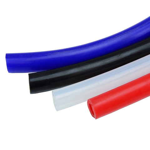 Black 5 Foot High Temperature Silicone Vacuum Tubing Hose 3.5mm ID 60 PSI Max Built Tough For Marine And Industrial Use Meets SAE J20 Standards Premium Silicone Roll alongside blue, clear, and red hoses.