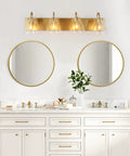 Gold Vanity Light Fixture With Clear Glass Shades, Four Light Over Mirror Bathroom Lighting, Large Modern 29.5 Inch Bath Vanity Bar