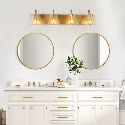 Gold Vanity Light Fixture With Clear Glass Shades, Four Light Over Mirror Bathroom Lighting, Large Modern 29.5 Inch Bath Vanity Bar