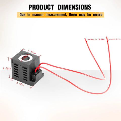 12V DC 22W Solenoid Coil Replacement For Valve Stem Series 10 12 16 38 58 with dual wire leads shown with dimensions