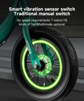 Rechargeable Bike Wheel Lights With 21 Dynamic Modes And Full Color Options Clip On Hub LEDs for night riding, showing green glow
