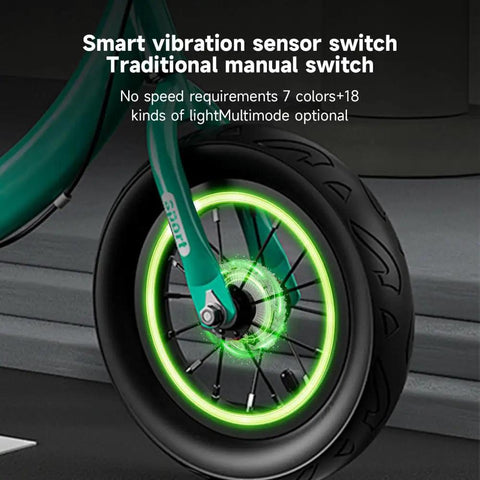 Rechargeable Bike Wheel Lights With 21 Dynamic Modes And Full Color Options Clip On Hub LEDs for night riding, showing green glow