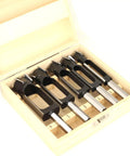 Heavy Duty Woodworking Tenon And Dowel Plug Cutters With Secure Hex Handle in wooden case, showing five sizes for clean holes.