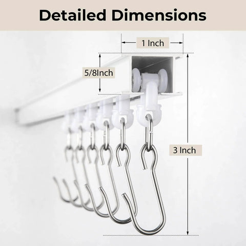 Ceiling Curtain Track System With Roller Hooks For Room Divider Ceiling Mount Rail Set 12 To 18 Feet White Beefed Up Heavy Duty Aluminum Alloy With 50 Lb Load Capacity, showing dimensions of 1 inch outer diameter.