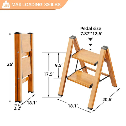 Two Step Ladder Aluminum Folding Step Stool with Anti Slip Wide Pedals shown folded and open with dimensions