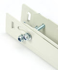 Close-up of white galvanized steel bracket showing bolts, part of Heavy Duty Outdoor Wall Mount Bracket For Ductless Mini Split Air Conditioner.