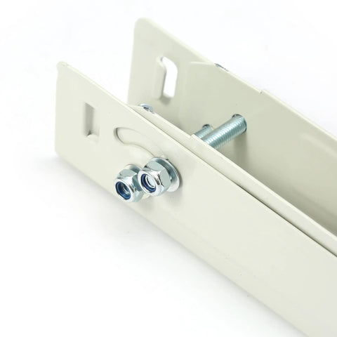 Close-up of white galvanized steel bracket showing bolts, part of Heavy Duty Outdoor Wall Mount Bracket For Ductless Mini Split Air Conditioner.
