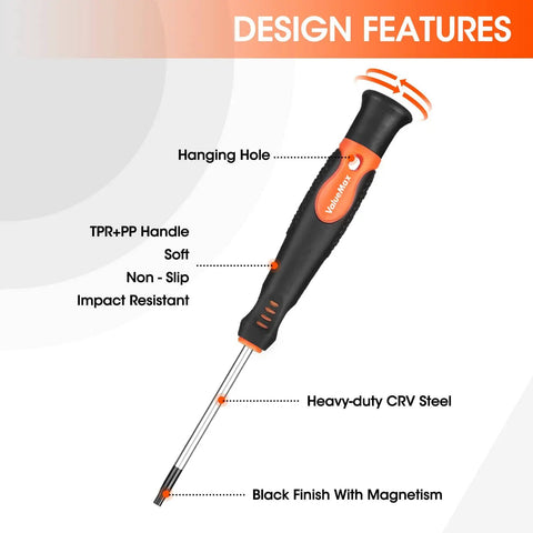 Close-up of a screwdriver from the 126 Piece Magnetic Screwdriver Set With Plastic Organizer For Home Projects A Must Have DIY Tool Kit Built For Quick Fixes And Big Projects Magnetizer Demagnetizer Great Gift For Men And Women showing design features like TPR handle, impact-resistant material, and CRV steel shaft.