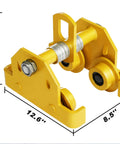Manual Trolley Built For Heavy Lifting With 6600 Lbs Capacity Up To 3 Tons, Push Beam Trolley, yellow dual wheel design, dimensions shown