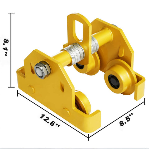 Manual Trolley Built For Heavy Lifting With 6600 Lbs Capacity Up To 3 Tons, Push Beam Trolley, yellow dual wheel design, dimensions shown