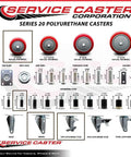 Heavy Duty Polyurethane Casters With Locking Brakes And Smooth Red Treads Set Of Four, 3 inch sizes showcasing specifications and mounting options.