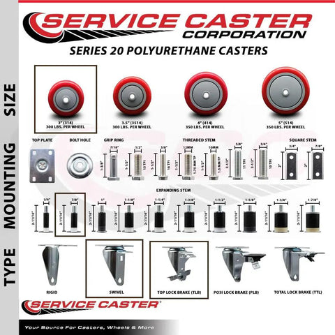 Heavy Duty Polyurethane Casters With Locking Brakes And Smooth Red Treads Set Of Four, 3 inch sizes showcasing specifications and mounting options.