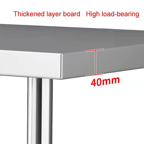 Close-up of Badass Heavy Duty Stainless Steel Work Table With Open Storage Rack And Adjustable Legs showing thickened layer board and load-bearing leg