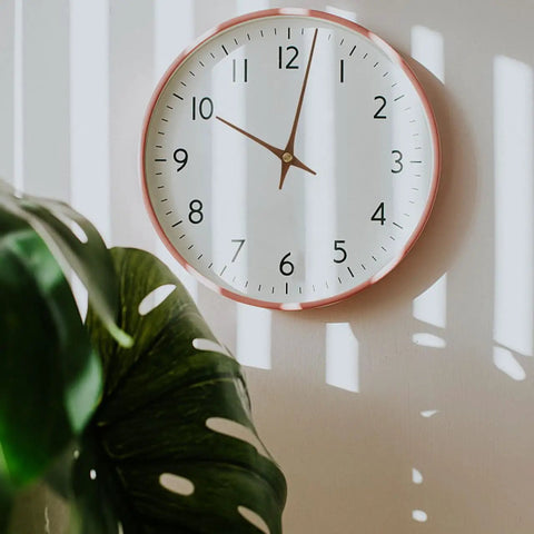 Modern wall clock with Wooden Clock Hands Replacement Kit 5.11 Inch Clock Pointer Plates, white face, next to plant