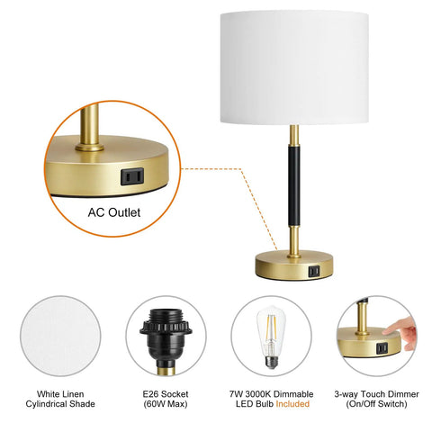 Touch Control Table Lamp Set Of 2 Gold Finish Lamps With Dual USB Ports And AC Outlet, 3 Way Dimmable Modern Nightstand Light