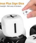 Close-up of 24 Piece Addition Subtraction Dice Set For Classroom Math Practice with 16mm acrylic dice showing plus and minus signs