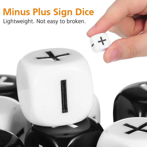 Close-up of 24 Piece Addition Subtraction Dice Set For Classroom Math Practice with 16mm acrylic dice showing plus and minus signs