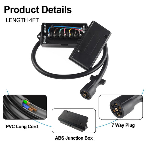 Kick Your Towing Game Up With This Heavy Duty 7 Pin Round Trailer Wiring Harness That Boasts A Four Foot Waterproof Cord And Rugged Inline Junction Box For Smooth RV Travel showing 4ft ABS junction box and 7-way plug.