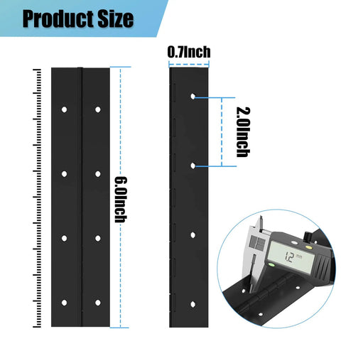 Product dimensions for Heavy Duty 6 Inch Black Stainless Steel 304 Continuous Piano Hinges set of 6 for cabinet doors and boat applications.