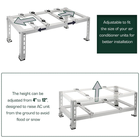 Beefy Ground Stand For Ductless Mini Split AC And Heat Pump, Adjustable 4 To 12 Inch Outdoor Condenser Bracket show height adjustment