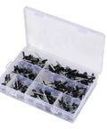 200pcs Assorted Black Blind Rivets Set 8-18mm Multi Grip Hollow Open Rivets For Quick Easy Install And Strong Vibration Resistant Joints On Metal Wood And Plastic. Plastic organizer box with assorted black blind rivets, 8-18mm