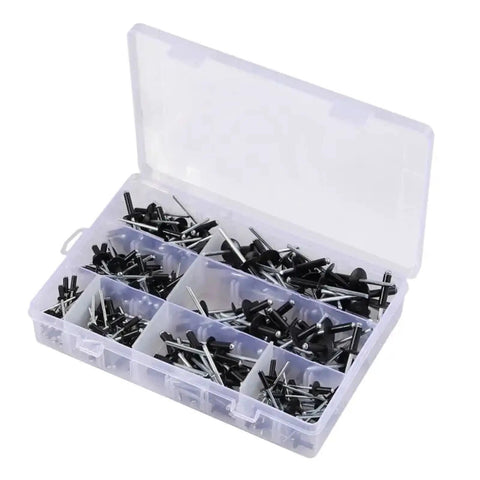 200pcs Assorted Black Blind Rivets Set 8-18mm Multi Grip Hollow Open Rivets For Quick Easy Install And Strong Vibration Resistant Joints On Metal Wood And Plastic. Plastic organizer box with assorted black blind rivets, 8-18mm