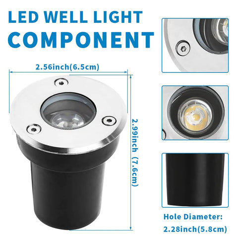 Dimensions and components of Low Voltage LED Landscape Well Lights 12V To 24V, with stainless steel body and IP67 waterproof rating.