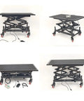 Hella Sturdy Electric Scissor Lift Table And Height Adjustable Rolling Cart With Solid 400 Pound Capacity Silent Motor, different angles showing sturdy design.