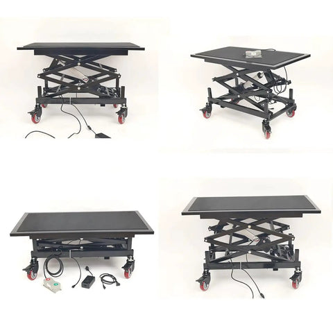 Hella Sturdy Electric Scissor Lift Table And Height Adjustable Rolling Cart With Solid 400 Pound Capacity Silent Motor, different angles showing sturdy design.