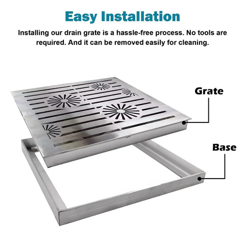 Backyard Heavy Hitter Stainless Steel Yard Drain Cover Square Sewer Grate For Patio Catch Basin with easy installation base