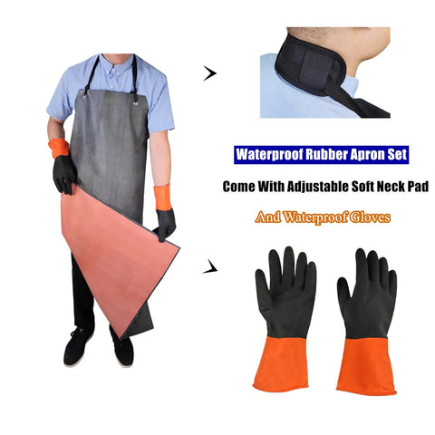 Person wearing Workhorse Waterproof Rubber Apron with adjustable neck strap, gloves shown separately in 47 by 33 inches size.