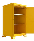 Heavy Duty Reinforced Steel Outdoor Flammable Liquid Storage Cabinet Built Tough And Totally Rock Solid With Double Wall Welded Frame And Foolproof Rain Gutters with open door and shelves.