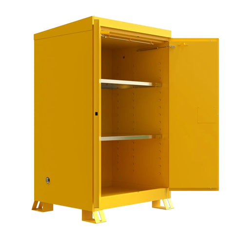 Heavy Duty Reinforced Steel Outdoor Flammable Liquid Storage Cabinet Built Tough And Totally Rock Solid With Double Wall Welded Frame And Foolproof Rain Gutters with open door and shelves.