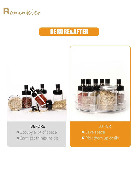 Comparison of cluttered spice jars versus organized in Clear 11 Inch Lazy Susan Organizer with Five Removable Bins Rotating Storage