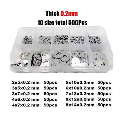 Do It All Ultra Thin Stainless Steel Washer Set M3 To M8 Din 988 500 Pcs Bulk Pack 50 Each Size 0.2mm Thick Flat Shim Gasket Assortment Kit For Mechanical Automotive DIY Projects, 10-size organizer
