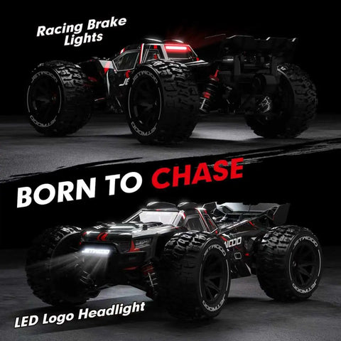 Beefed Up 1 To 14 Scale 50mph Electric Brushless RC Car For Adults featuring LED headlights and racing brake lights.
