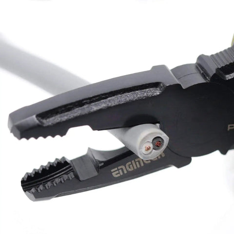 Close-up of 6.25 Inch Screw Removal Combination Pliers with Black Oxide Finish and Wire Cutter, tough multitool, made in Japan.