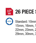 Heavy Duty Half Inch Drive Impact Socket Set 26 Piece Metric Kit From 10mm To 36mm Cr Mo Alloy Steel Radius Corner Design