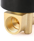 Close-up of Three Eighths Inch Brass Electric Solenoid Valve 12 Volt DC Normally Closed For Water And Air Lines Direct Acting Wet Armature Design