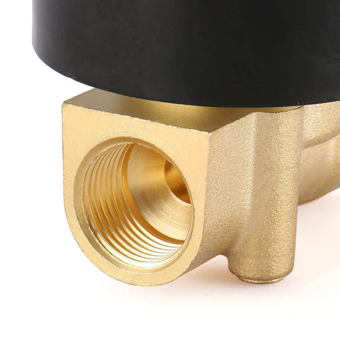 Close-up of Three Eighths Inch Brass Electric Solenoid Valve 12 Volt DC Normally Closed For Water And Air Lines Direct Acting Wet Armature Design