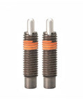 Adjustable Light Load Spring Plunger With Smooth Threaded Telescopic Lock Pin For Dead Simple Install And Hella Secure Grip For Any Tight Mechanical Assembly Task, two metal plungers with orange accents.