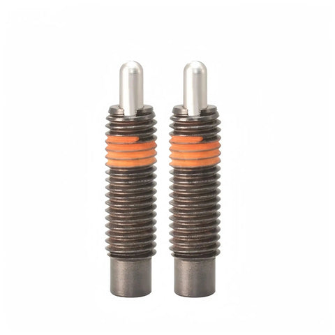 Adjustable Light Load Spring Plunger With Smooth Threaded Telescopic Lock Pin For Dead Simple Install And Hella Secure Grip For Any Tight Mechanical Assembly Task, two metal plungers with orange accents.