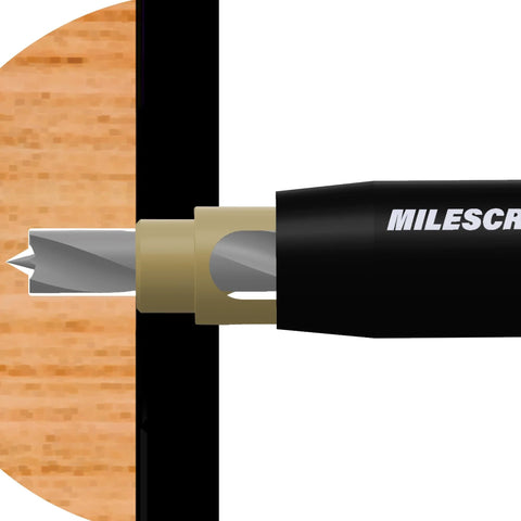 Milescraft 2312 5mm shelf-pin drill bit with black handle drilling shelf pin holes in wood